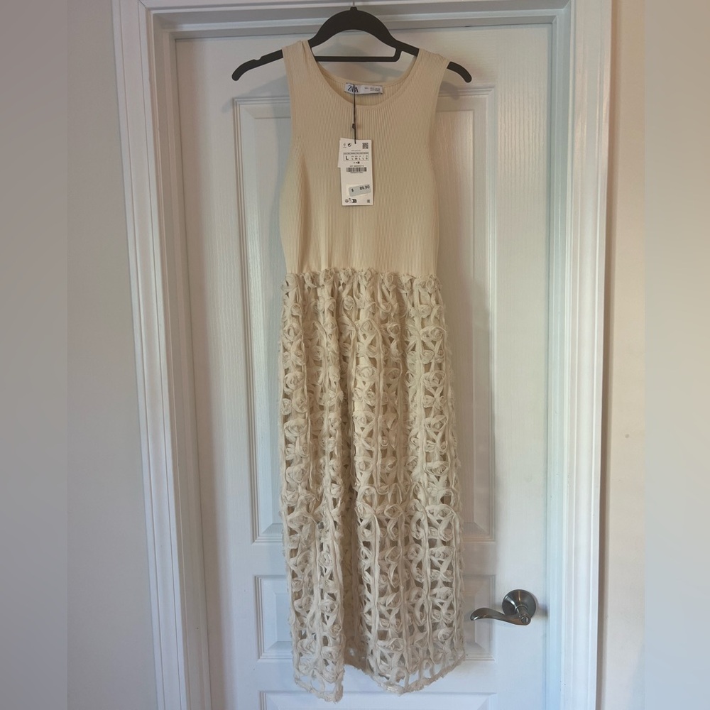 Zara Cream Ribbed Dress with Rosette Detail- L